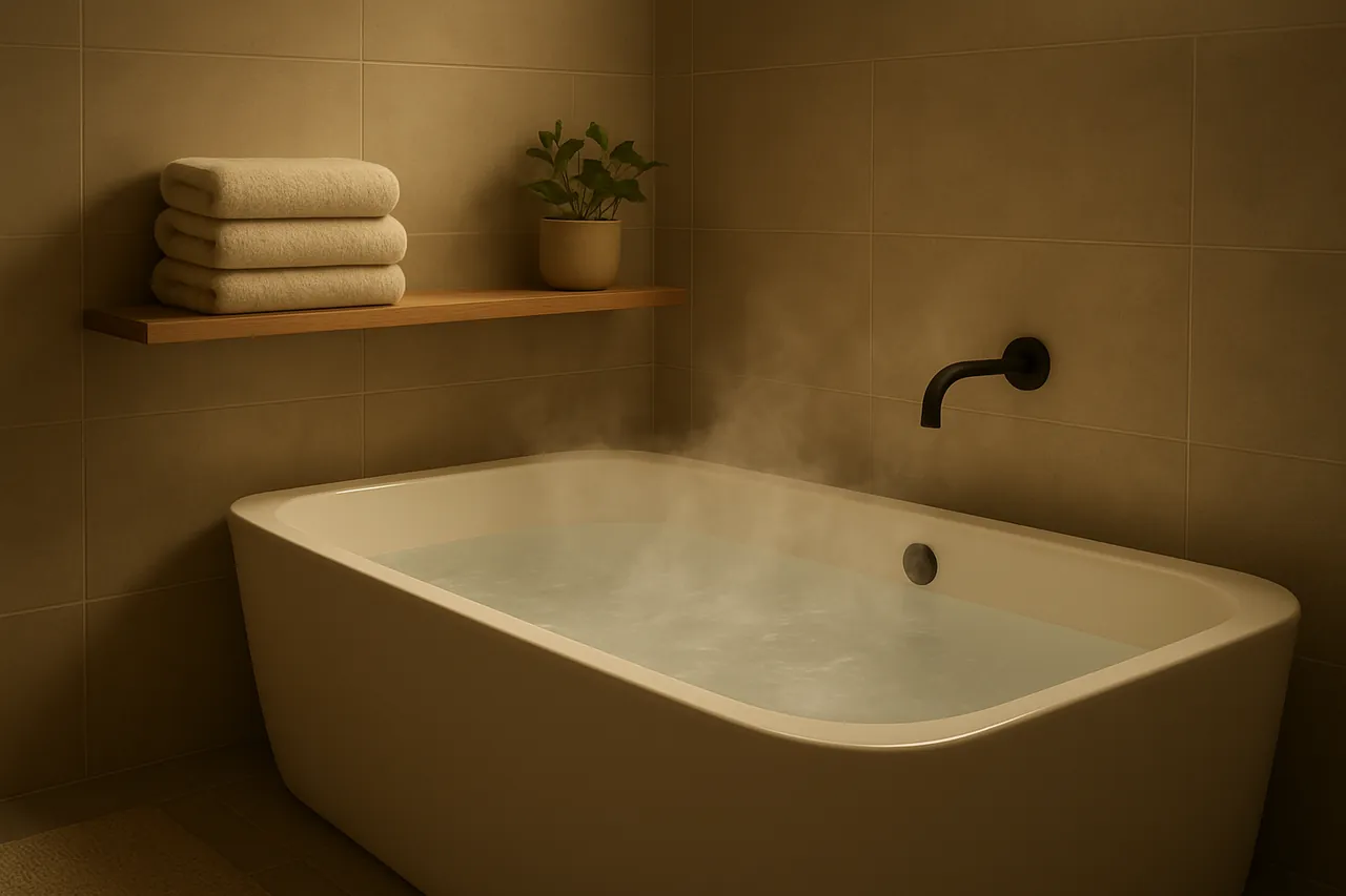 Modern bathroom with a steaming warm bathtub prepared for a relaxing bath