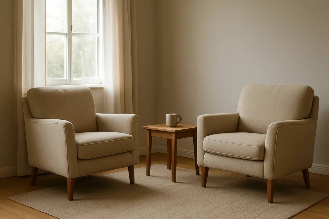 Two armchairs facing one another in a quiet, softly lit sitting room.