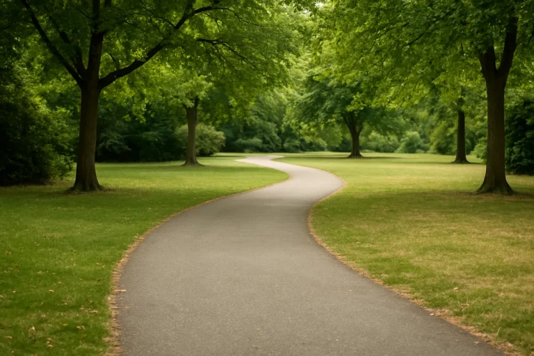 A quiet walking path winding through a green park.