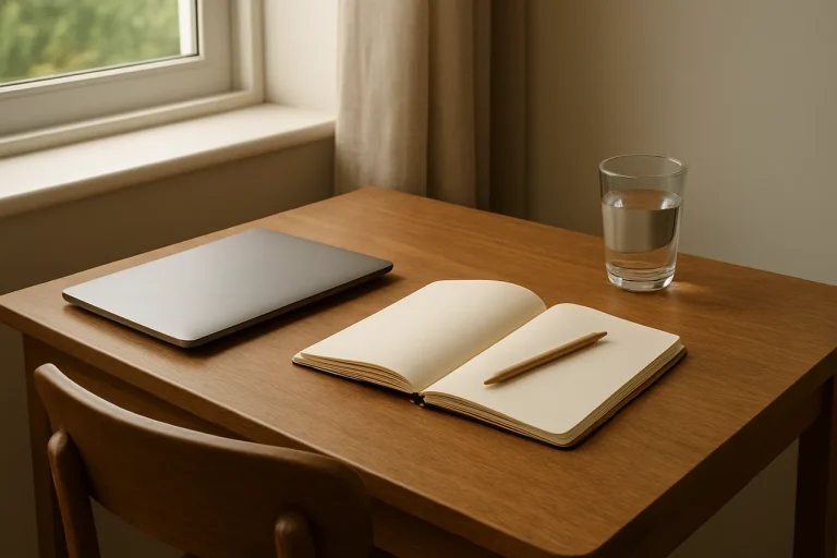 A quiet workspace with a closed laptop, blank notebook and glass of water.