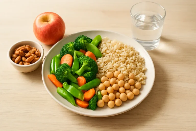 A plate of vegetables, brown rice and chickpeas beside nuts, an apple and water.