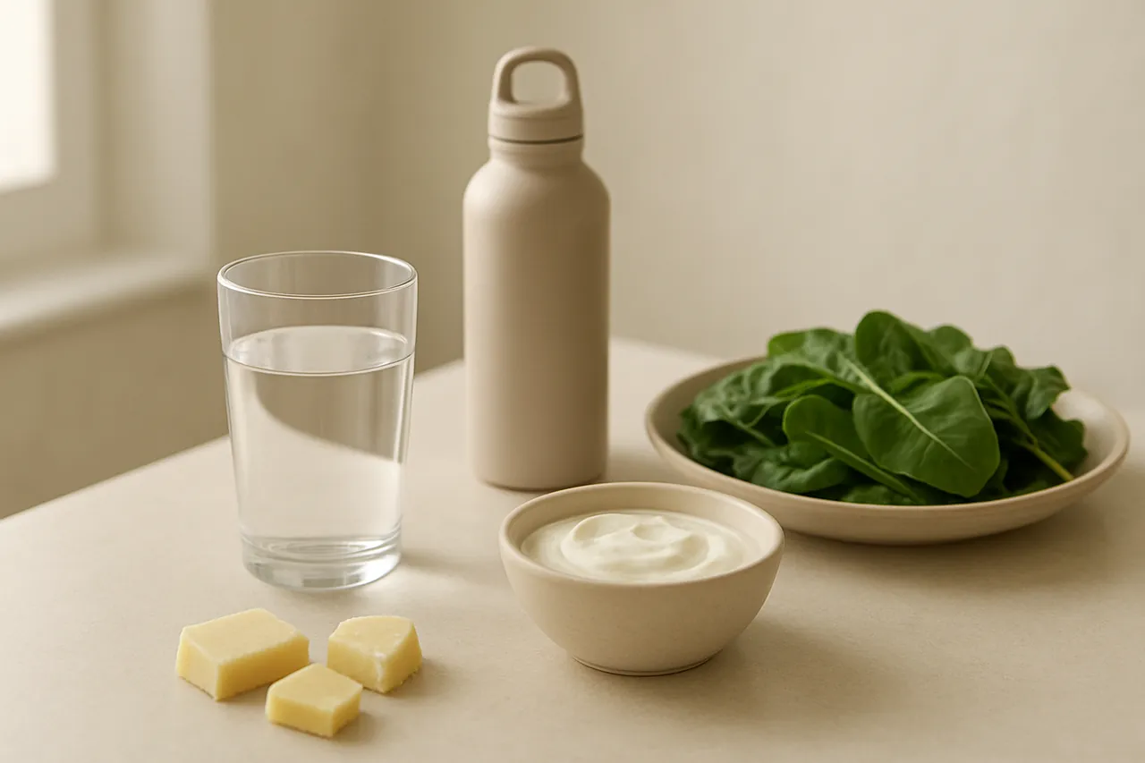 Water, plain yoghurt, cheese and leafy vegetables on a kitchen table.