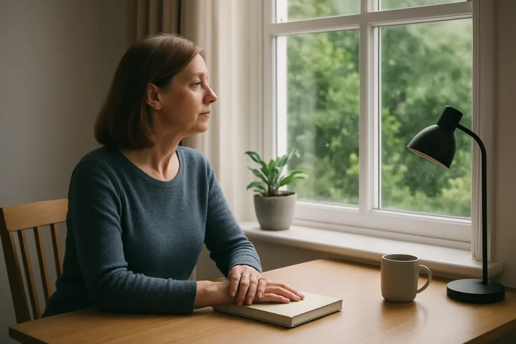 Woman sitting at a desk beside a window, with a book and a mug.