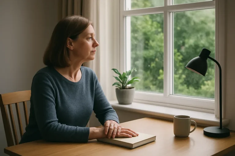 Woman sitting at a desk beside a window, with a book and a mug.