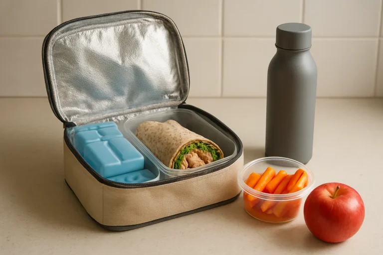 An insulated lunch bag with a wholegrain wrap, vegetables, an apple, ice packs and a water bottle.