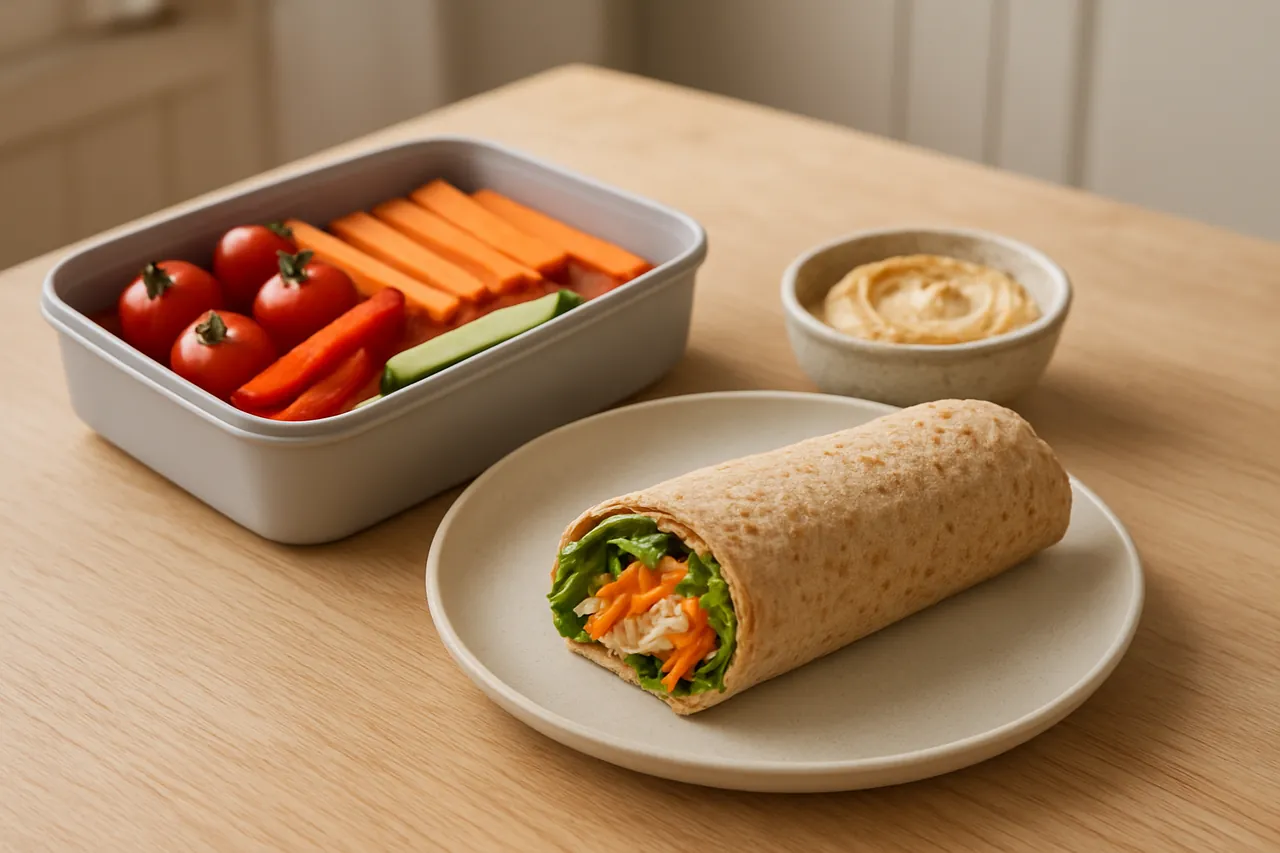 Vegetable sticks, cherry tomatoes, hummus and a wholegrain chicken wrap prepared for lunch.