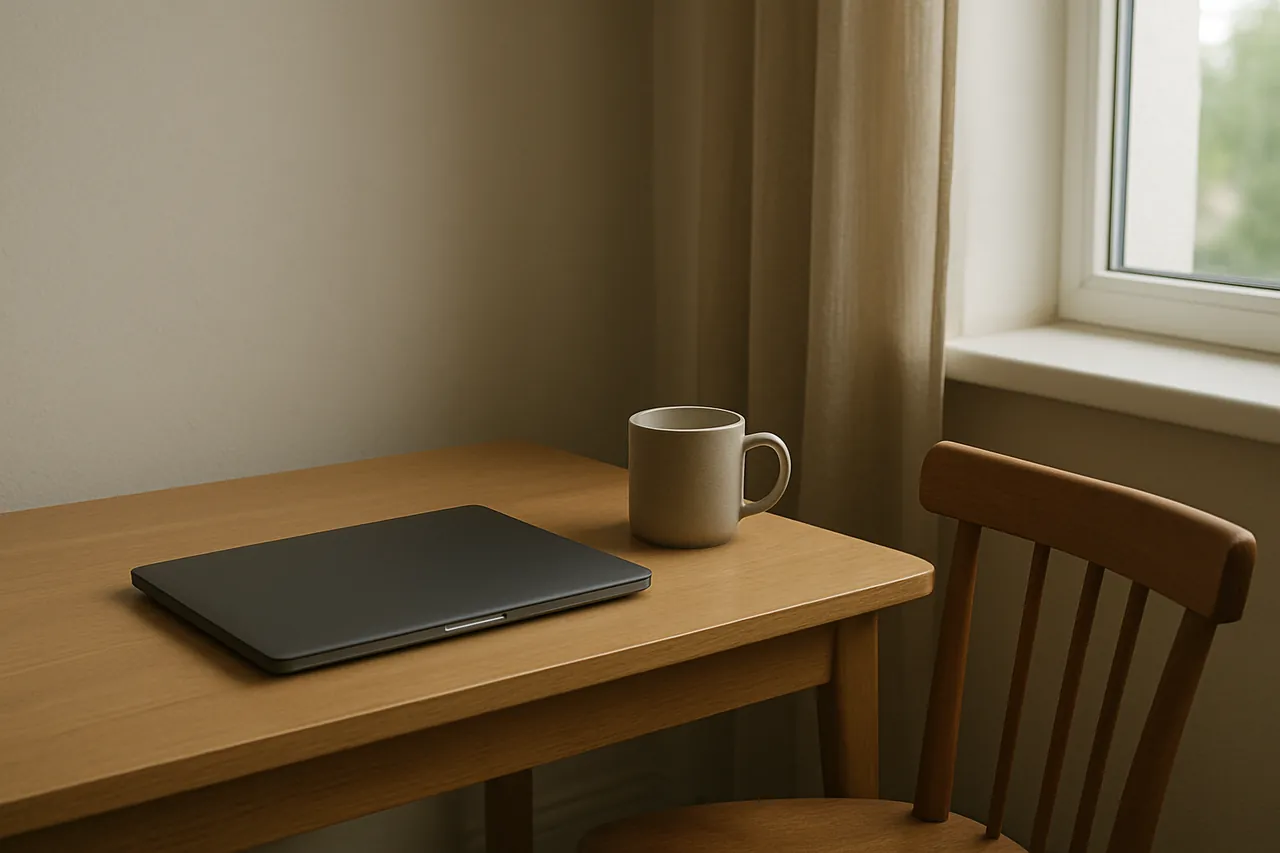 A quiet workspace with a closed laptop and a mug beside a window.